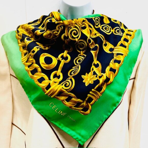 Elegance Soft   Celine Paris  Scarf  100% Silk 34"x35"Green black Gold Chain(S75 - Picture 5 of 9